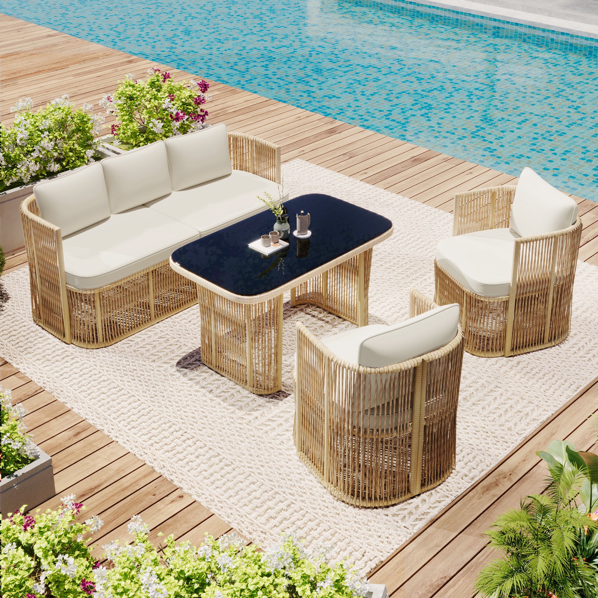 Auro – Salon de Jardin en Rotin PE 4 Pièces avec Canapé 3 Places & Plateau en Verre Trempé