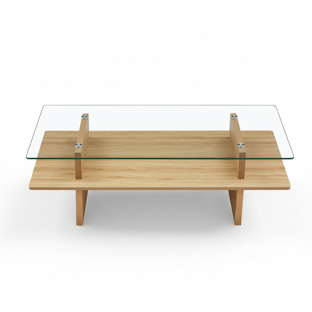 Linea – Table Basse Verre Trempé & Bois Clair avec Étagère