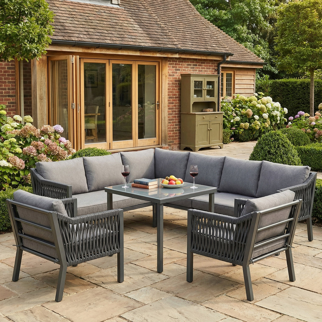 Sora – 6-Seater Corner Garden Lounge Set with Table & 2 Armchairs – Grey