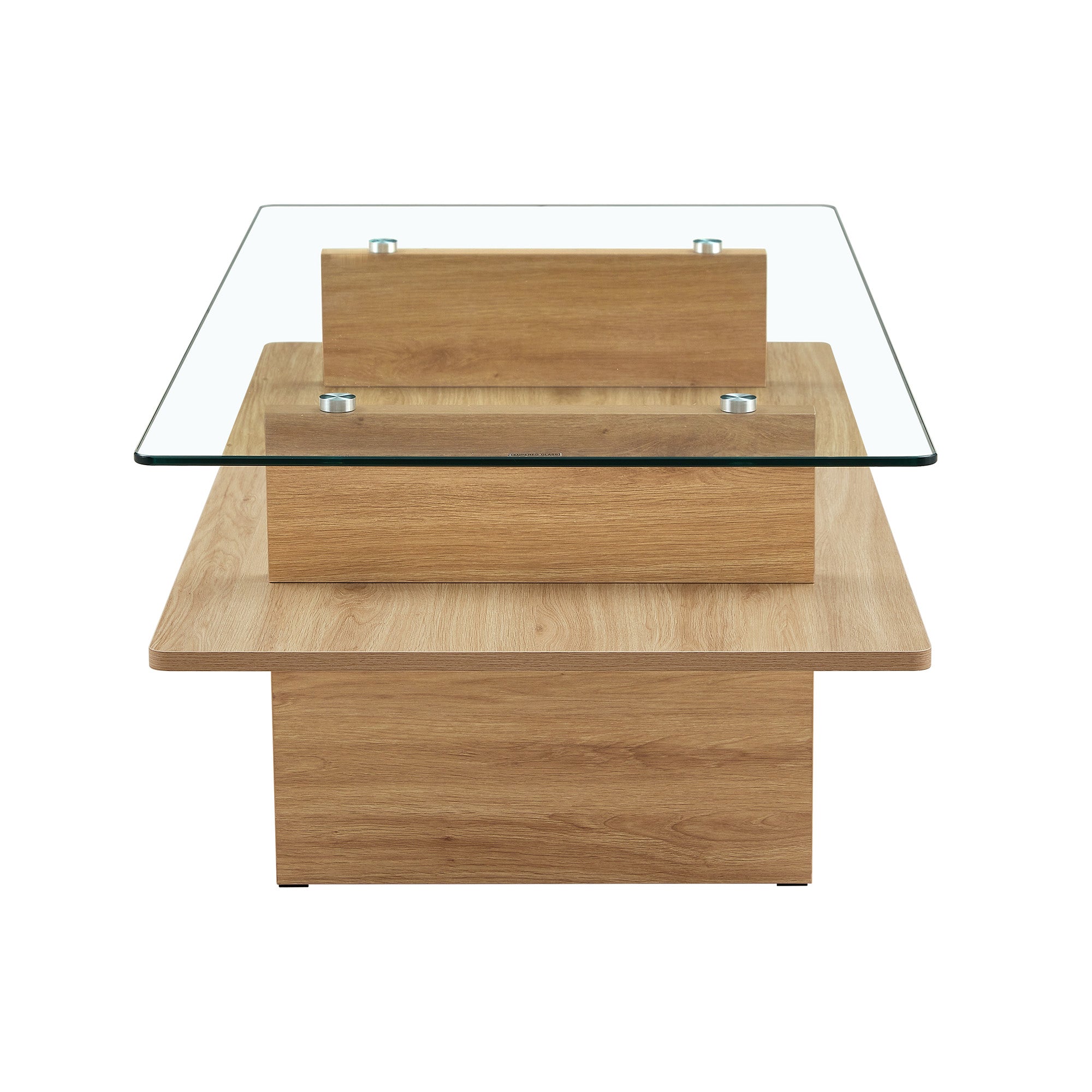 Table basse en verre avec étagère en bois