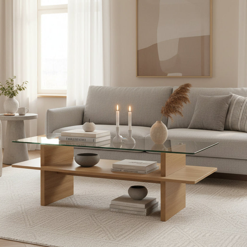 Linea – Table Basse Verre Trempé & Bois Clair avec Étagère