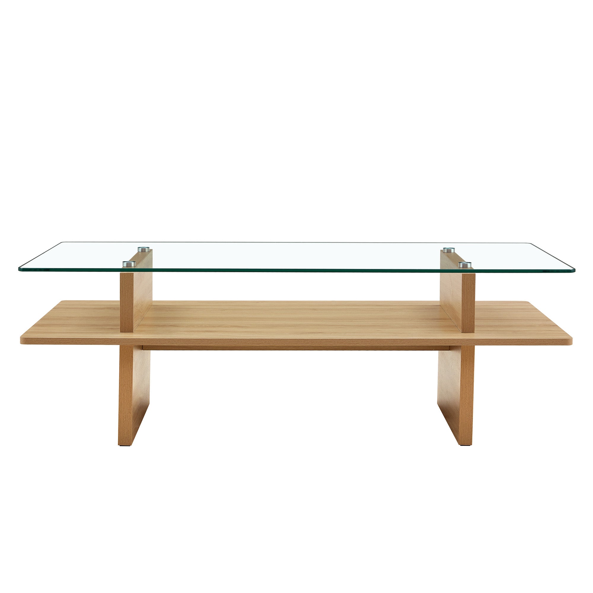 Table basse en verre avec étagère en bois