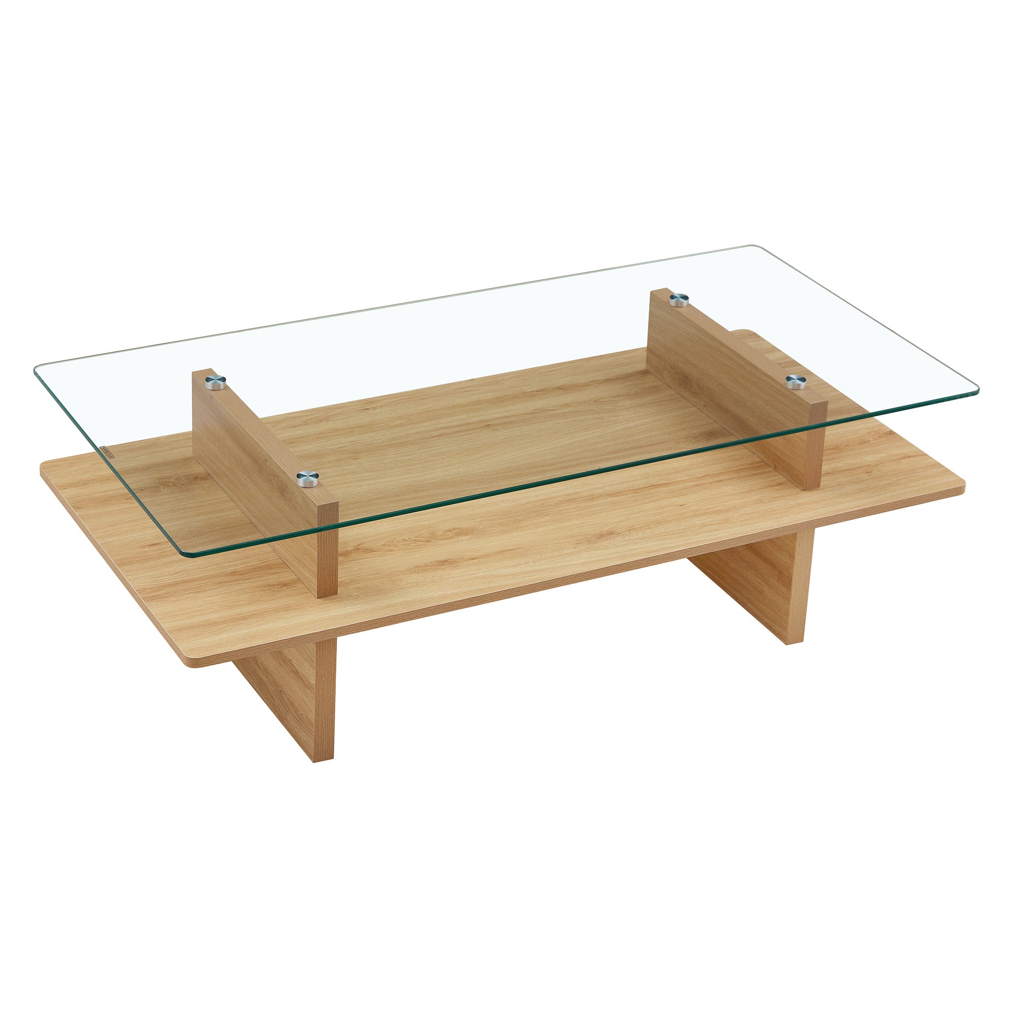 Table basse en verre avec étagère en bois