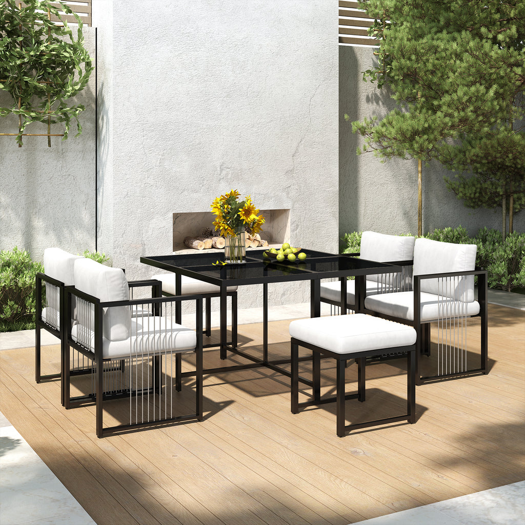Vetra – Ensemble Table de Jardin 117 cm avec 4 Fauteuils & 2 Poufs – Blanc & Noir