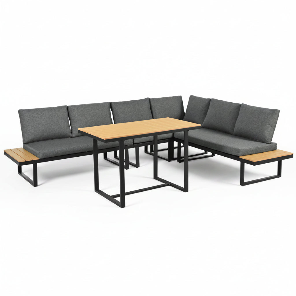 Lune – Salon de Jardin d'Angle Modulable 5 Places avec Table Effet Bois