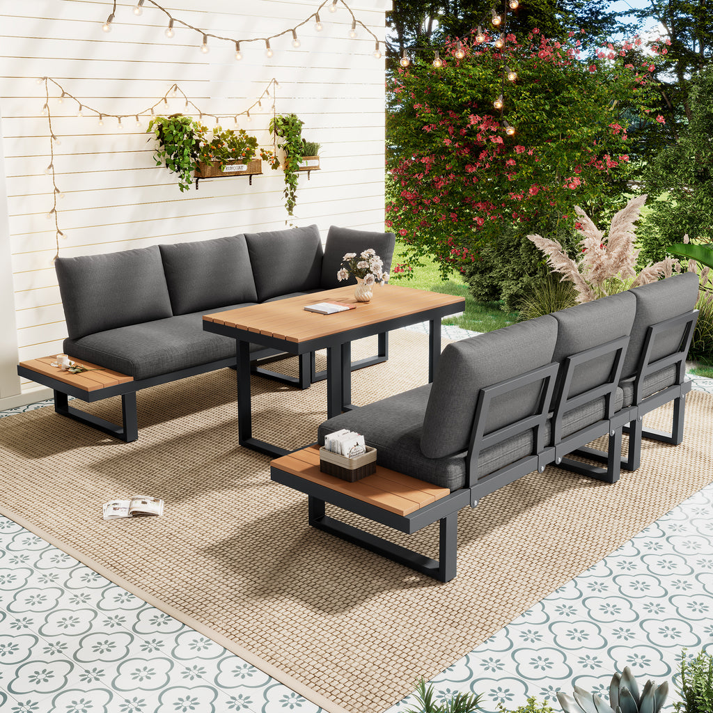 Lune – Salon de Jardin d'Angle Modulable 5 Places avec Table Effet Bois