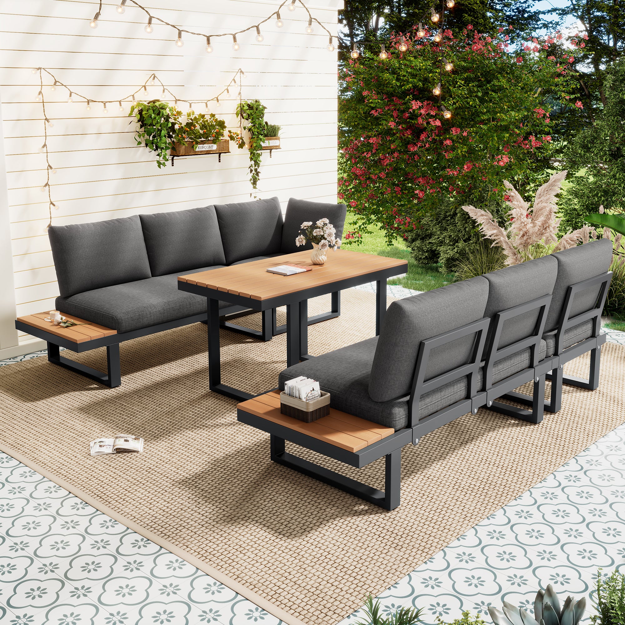 Lune – Salon de Jardin d'Angle Modulable 5 Places avec Table Effet Bois