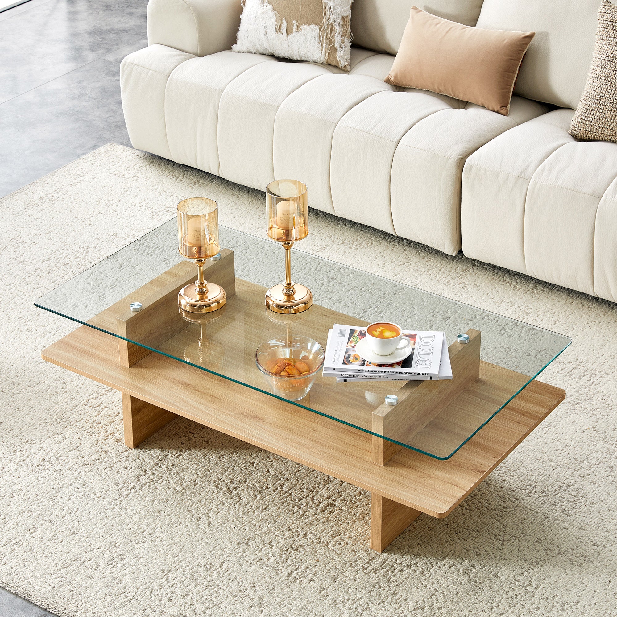 Table basse en verre avec étagère en bois