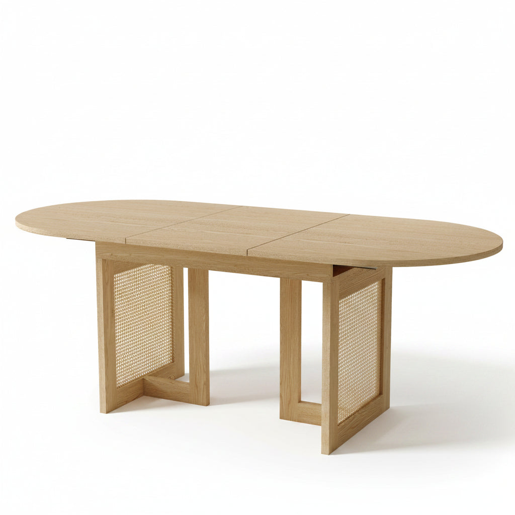Sora – Extendable Oval Dining Table 6–8 People in Oak & Rattan 150/200*90*75cm