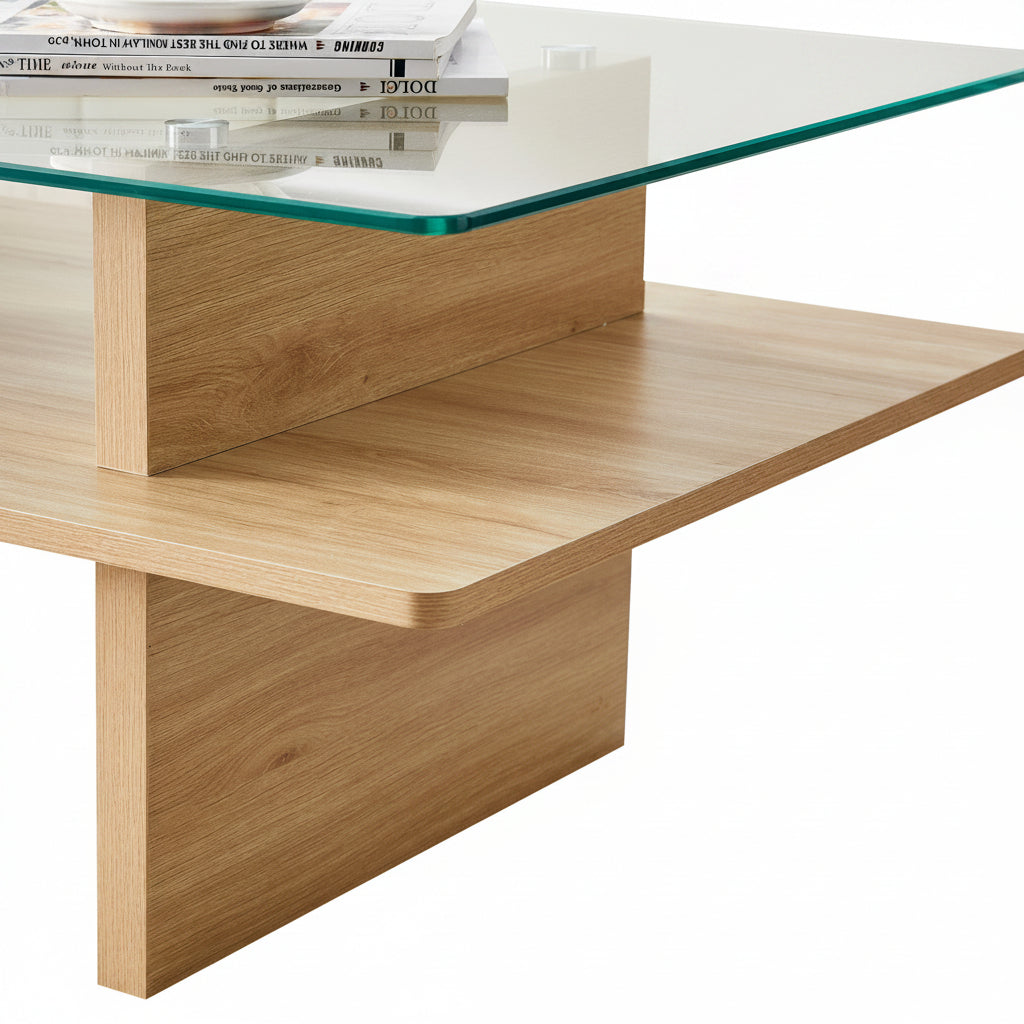 Linea – Table Basse Verre Trempé & Bois Clair avec Étagère