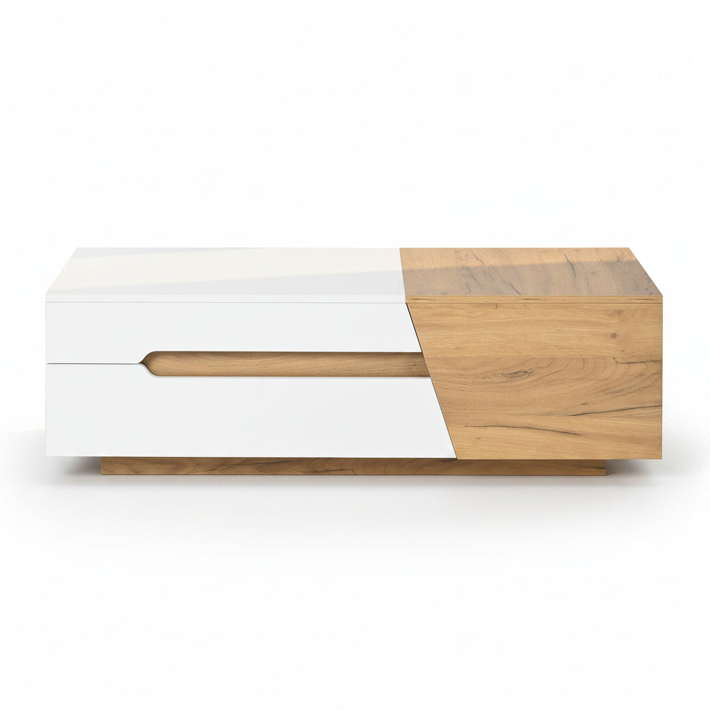 Oria – Table Basse Moderne avec Rangements Cachés en Bois Clair & Blanc