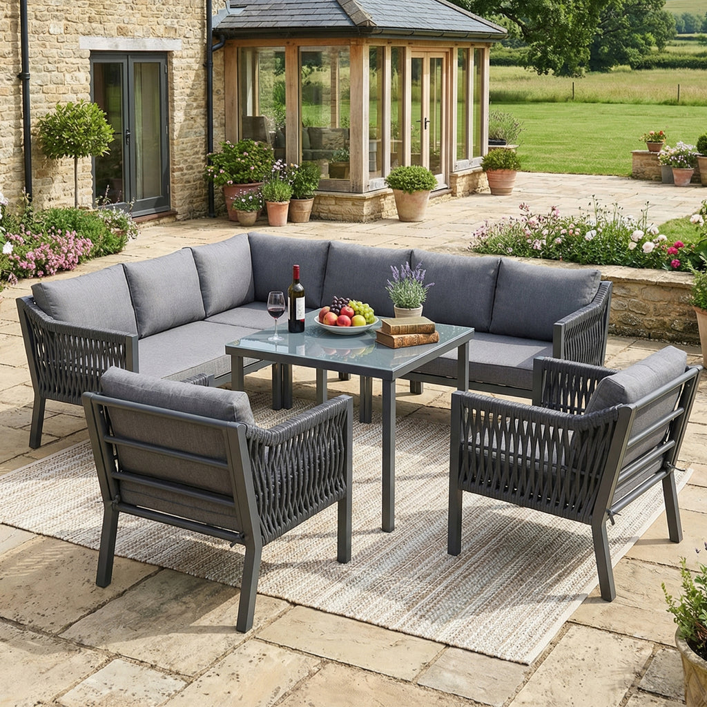 Sora – 6-Seater Corner Garden Lounge Set with Table & 2 Armchairs – Grey