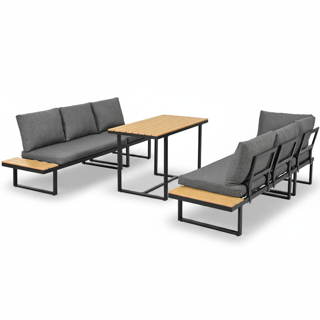 Lune – Salon de Jardin d'Angle Modulable 5 Places avec Table Effet Bois