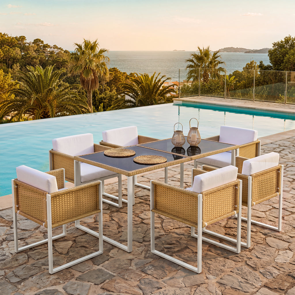 Sora – Ensemble Table de Jardin 170 cm & 6 Chaises en Résine Tressée