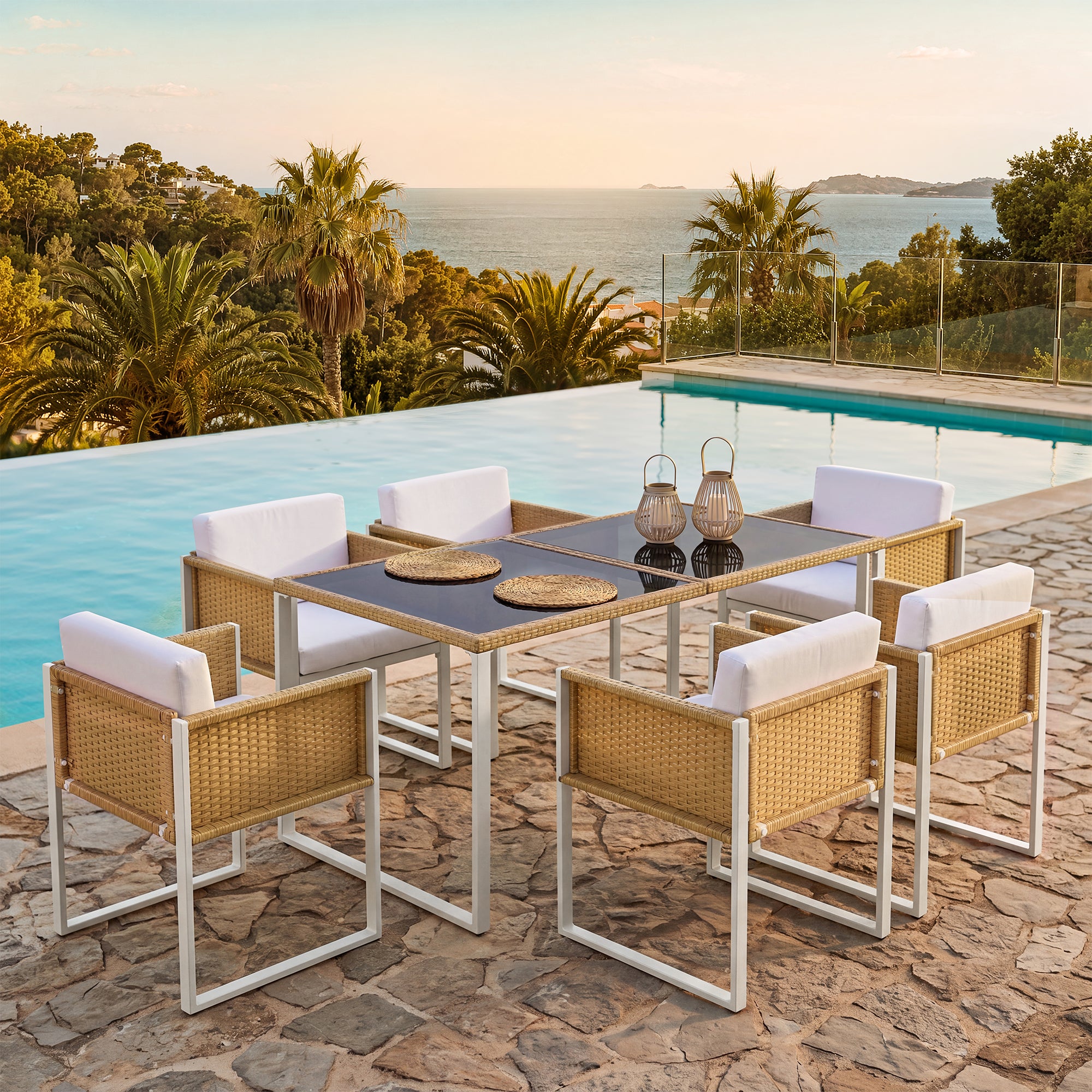 Sora – 170 cm Garden Dining Table & 6 Woven Resin Chairs
