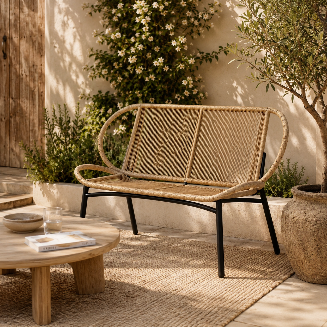 Liora – 2-Persoons Tuinbank in Gevlochten Touw & Metaal – Eigentijdse Outdoor Stijl