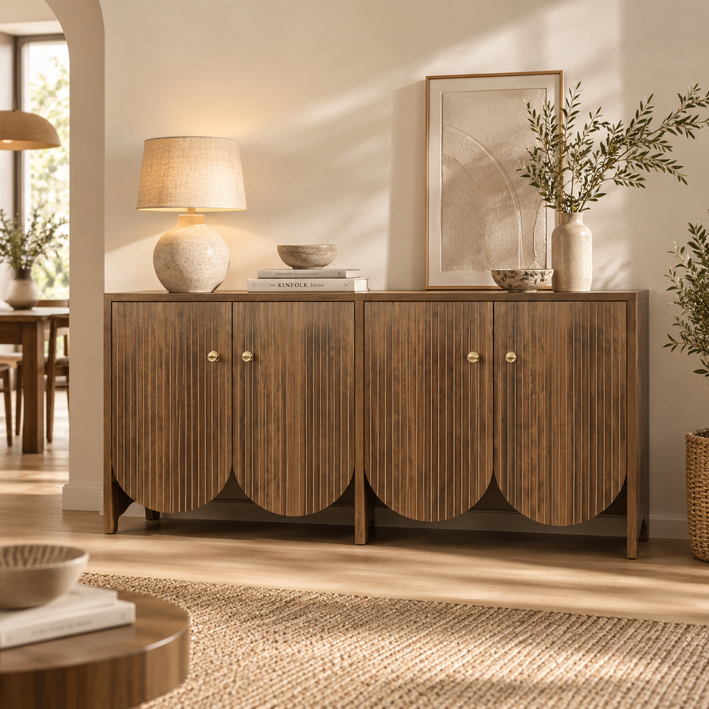 Arvo – Buffet 4 Portes en Bois Effet Noyer à Façades Rainurées – 147 cm