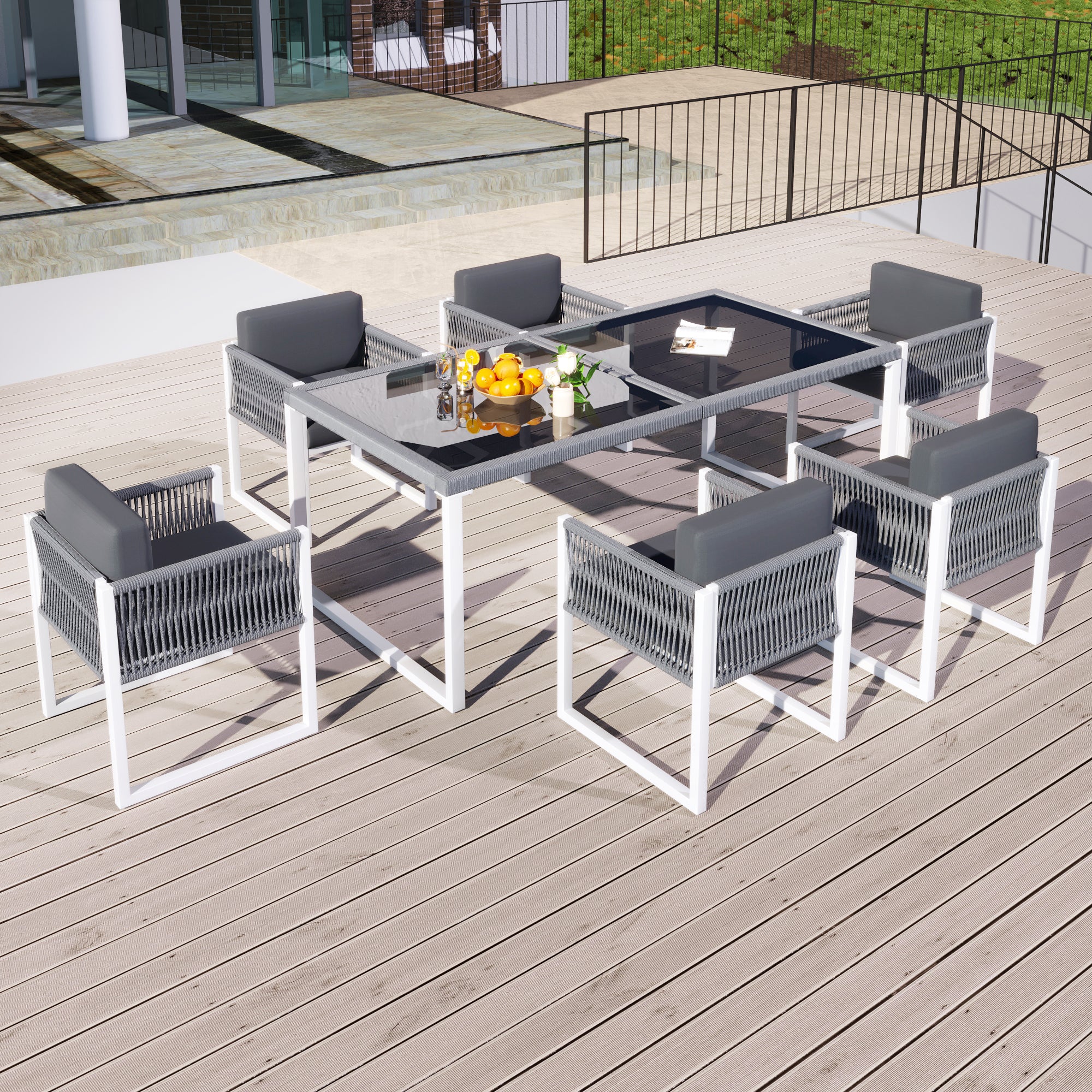 Vetra – Salotto da Giardino per 6 Persone in Alluminio Bianco & Corda Intrecciata
