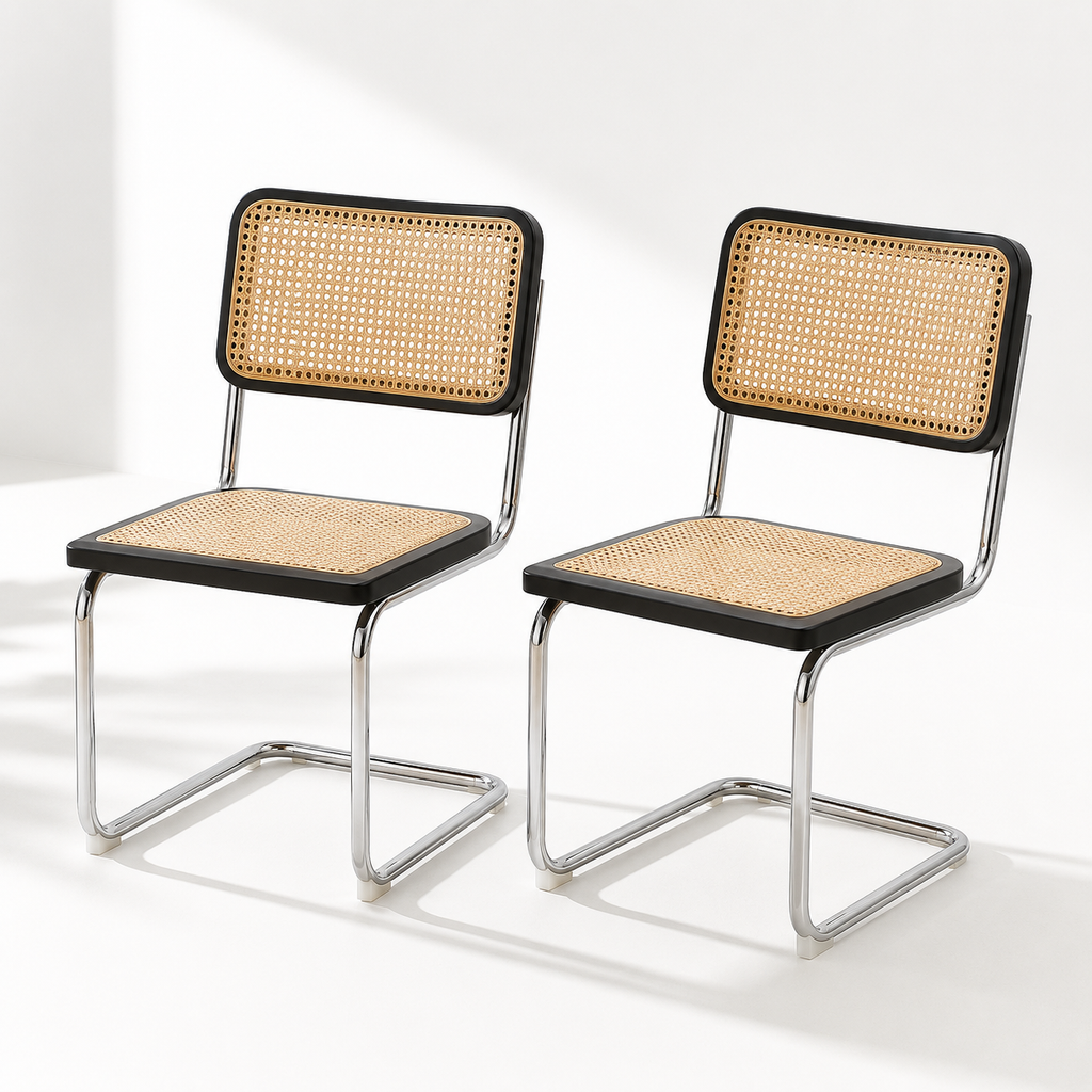 Milo – Chaise Cantilever en Chrome & Rotin Naturel – Lot de 2