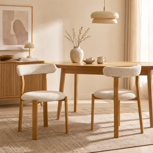 Auro – Sedia Scandinava in Legno Massello e Bouclé Crema – Set da 2