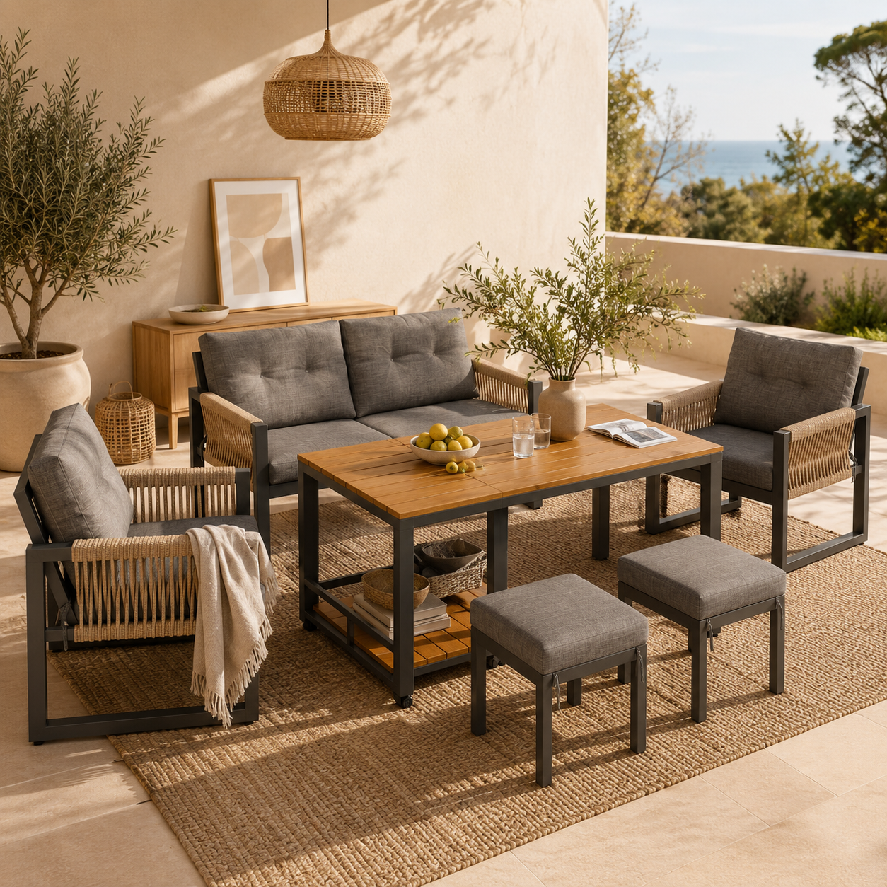 Vetra – Ensemble Salon de Jardin Modulable avec Table Repas & Poufs – 6 Places