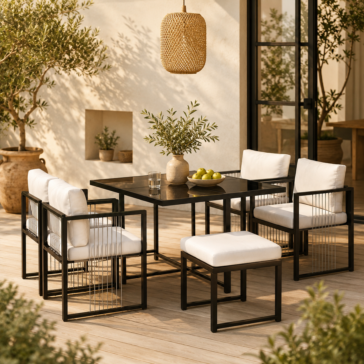 Vetra – Ensemble Table de Jardin 117 cm avec 4 Fauteuils & 2 Poufs – Blanc & Noir