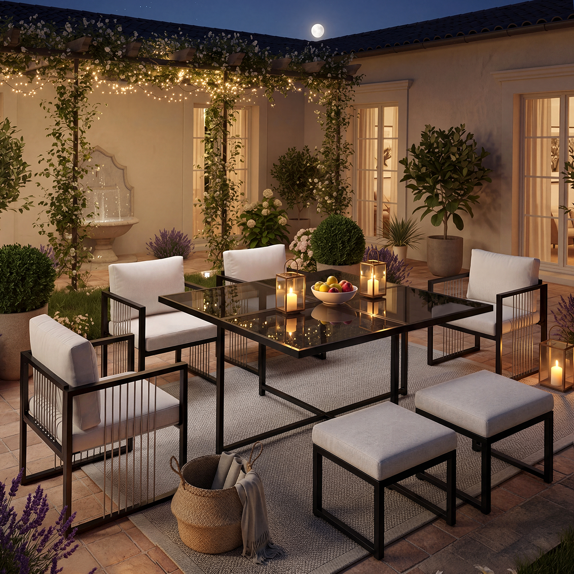 Vetra – Ensemble Table de Jardin 117 cm avec 4 Fauteuils & 2 Poufs – Blanc & Noir
