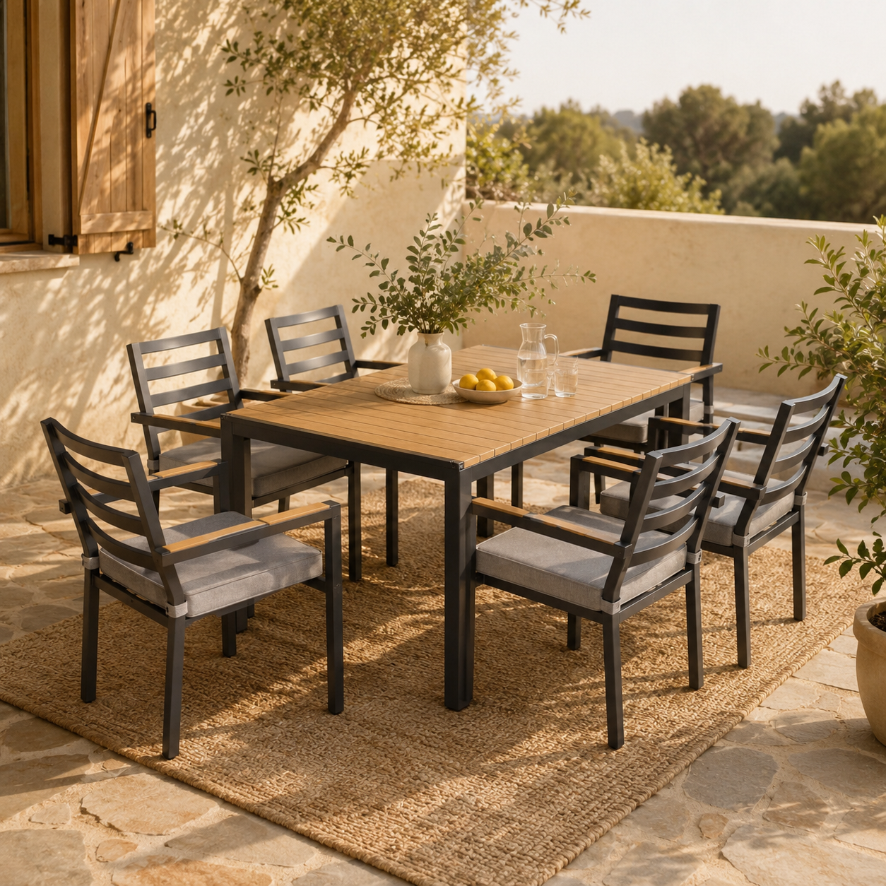 Sora – Garden Dining Set 143.5 cm with 6 Chairs – Grey & Wood