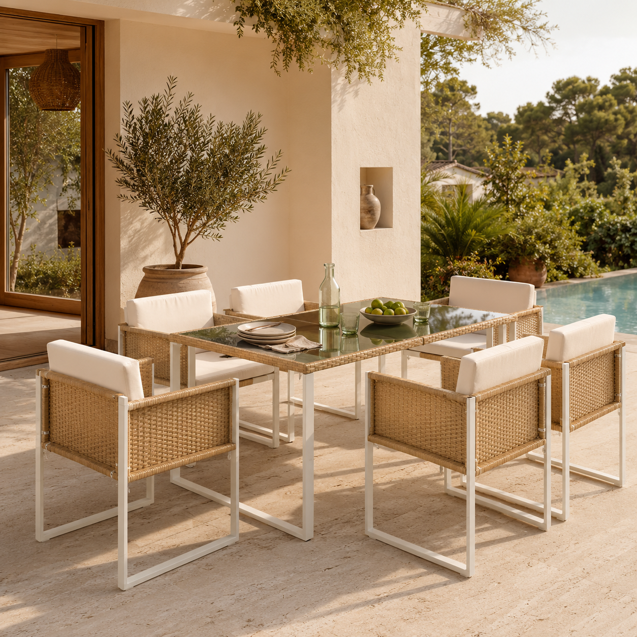 Sora – 170 cm Garden Dining Table & 6 Woven Resin Chairs