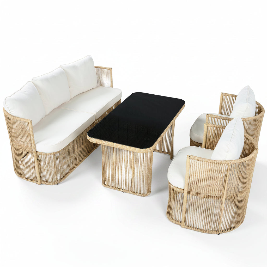 Auro – Salon de Jardin en Rotin PE 4 Pièces avec Canapé 3 Places & Plateau en Verre Trempé