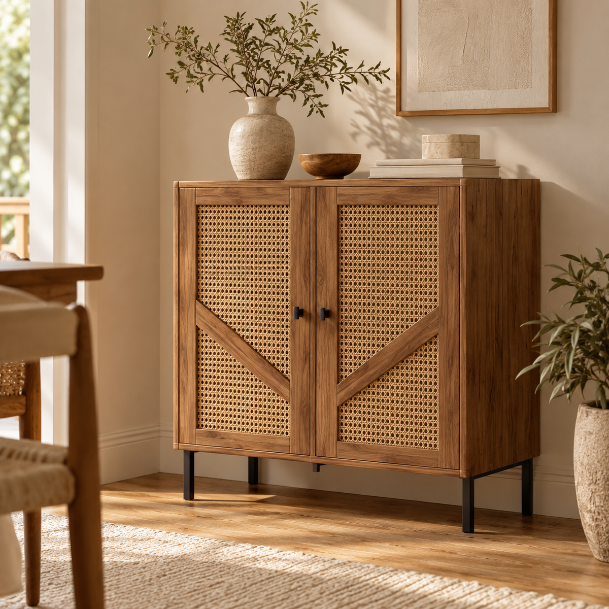 Noma – Wood & Cane Storage Cabinet – 2 Doors, 70 cm