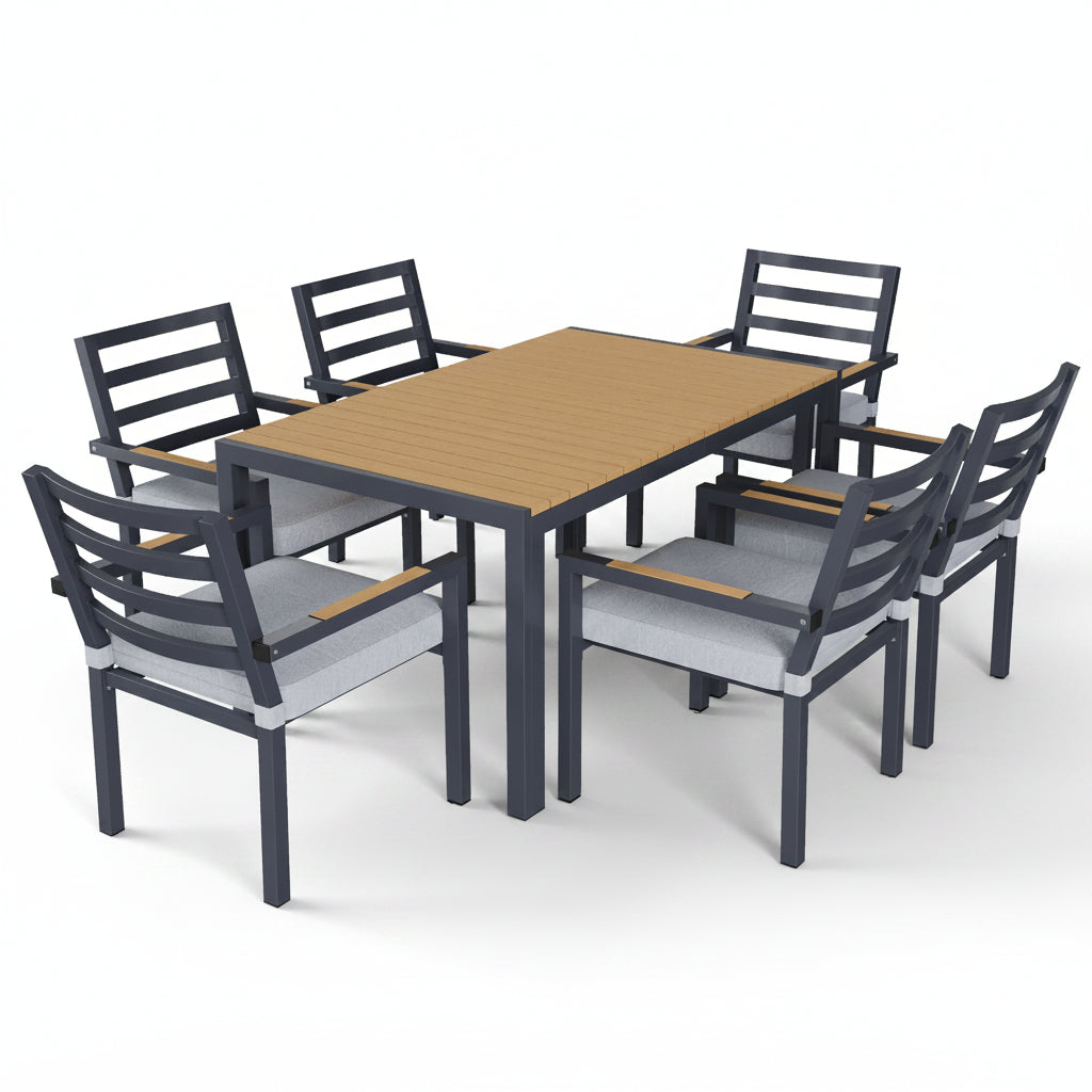 Sora – Garden Dining Set 143.5 cm with 6 Chairs – Grey & Wood