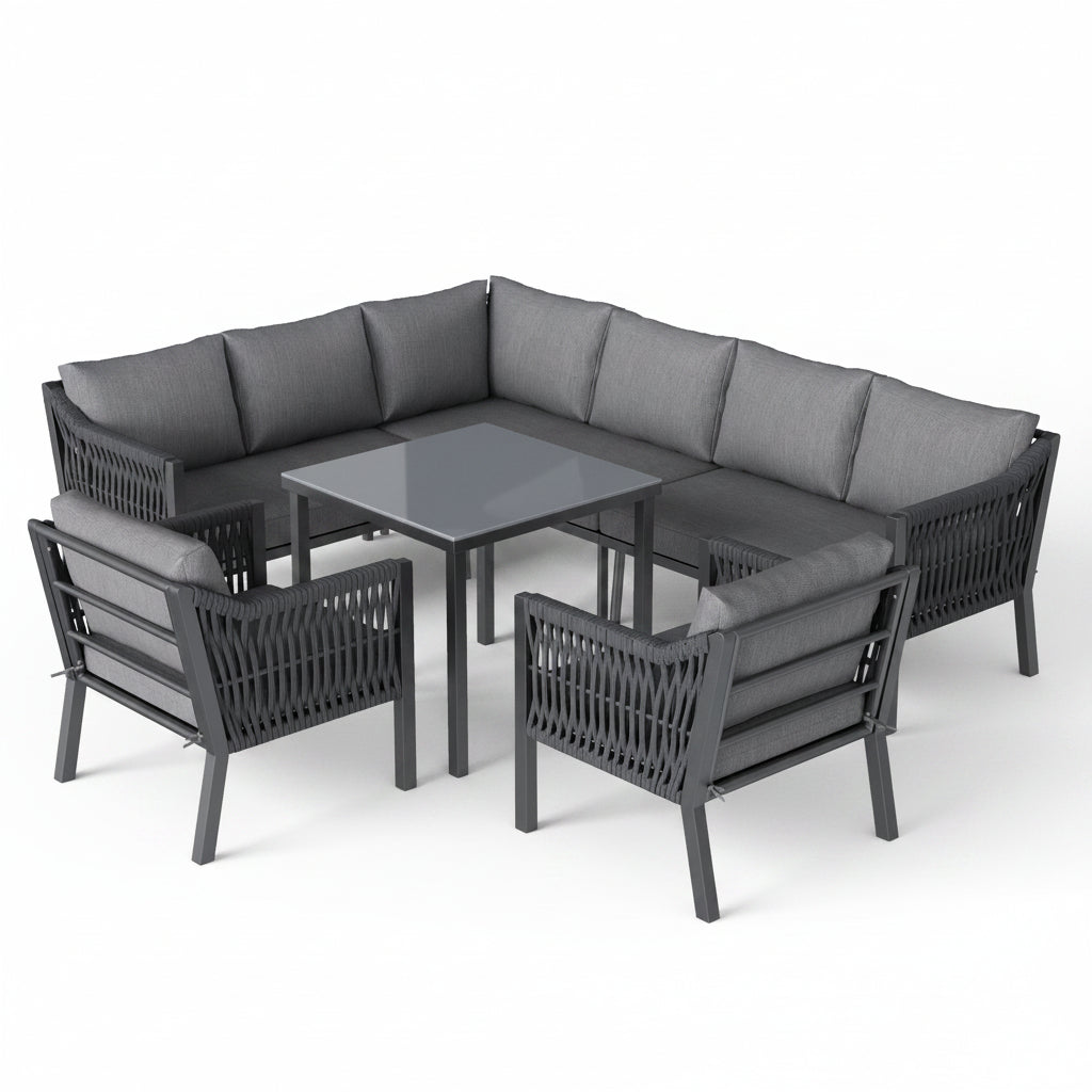 Sora – 6-Seater Corner Garden Lounge Set with Table & 2 Armchairs – Grey