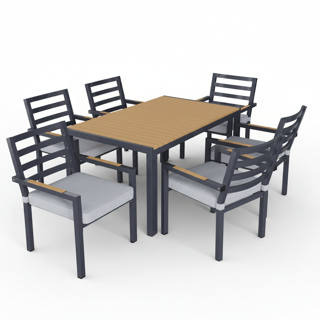 Sora – Garden Dining Set 143.5 cm with 6 Chairs – Grey & Wood