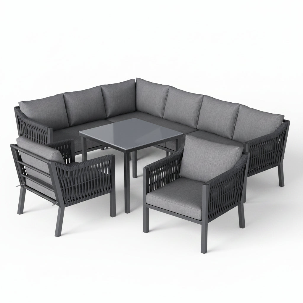 Sora – 6-Seater Corner Garden Lounge Set with Table & 2 Armchairs – Grey