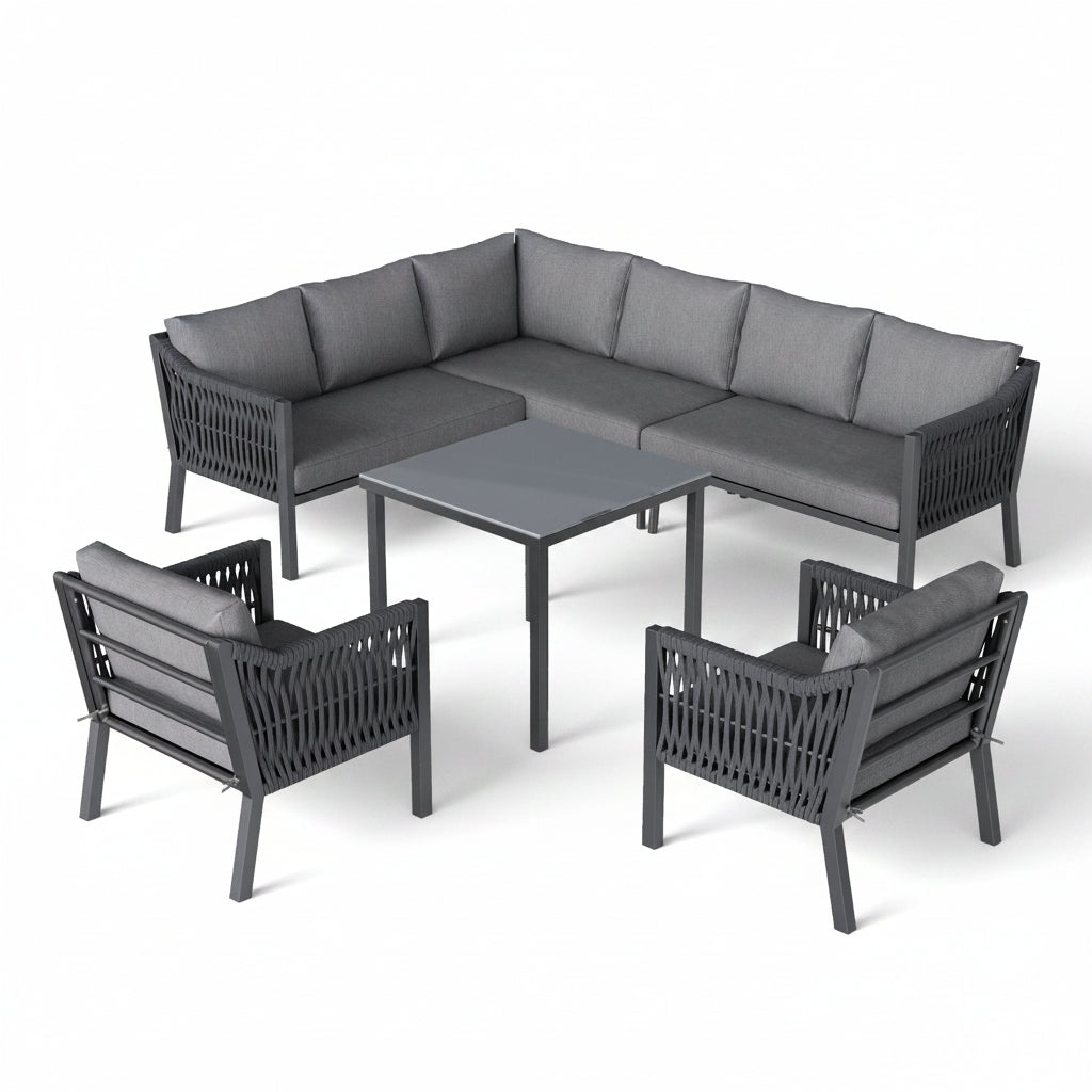 Sora – 6-Seater Corner Garden Lounge Set with Table & 2 Armchairs – Grey