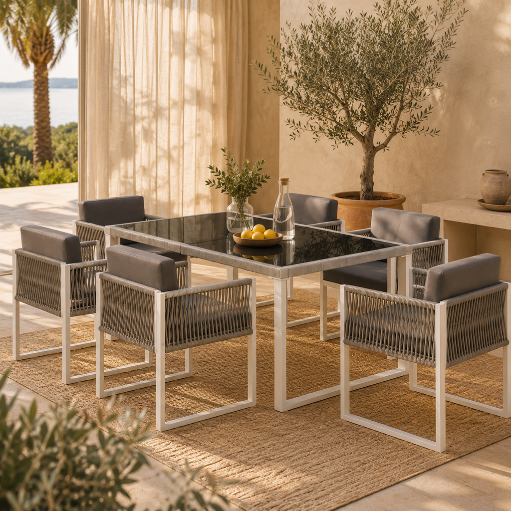 Vetra – Salotto da Giardino per 6 Persone in Alluminio Bianco & Corda Intrecciata
