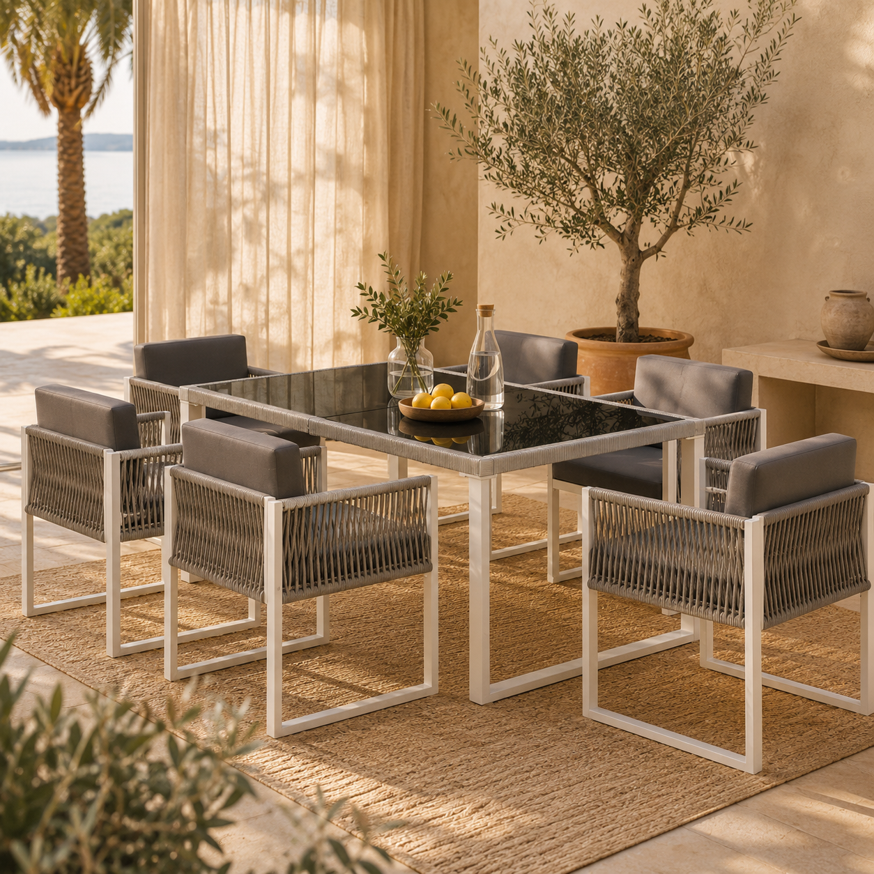 Vetra – Salotto da Giardino per 6 Persone in Alluminio Bianco & Corda Intrecciata