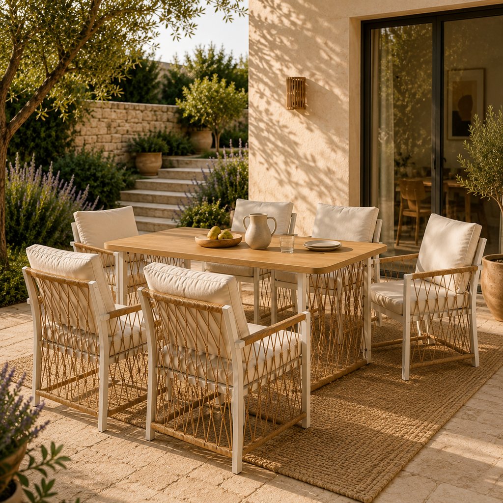 Sora – Salotto da Giardino 6 Posti con Tavolo Rettangolare & Sedie Intrecciate