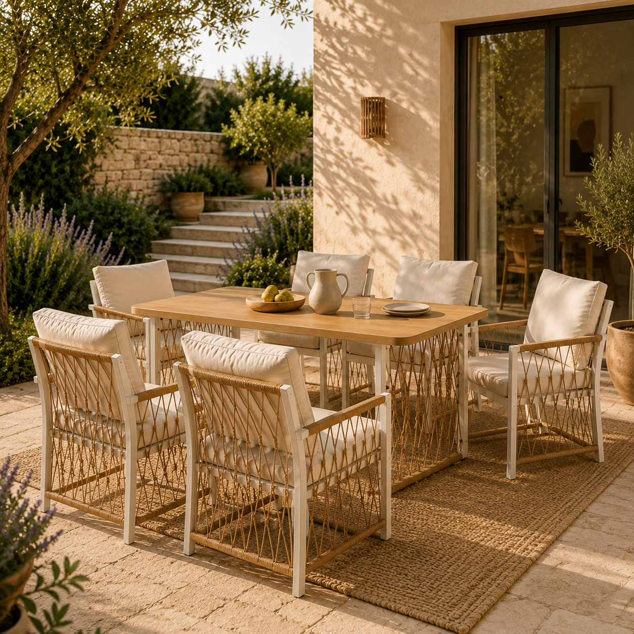 Sora – Salotto da Giardino 6 Posti con Tavolo Rettangolare & Sedie Intrecciate