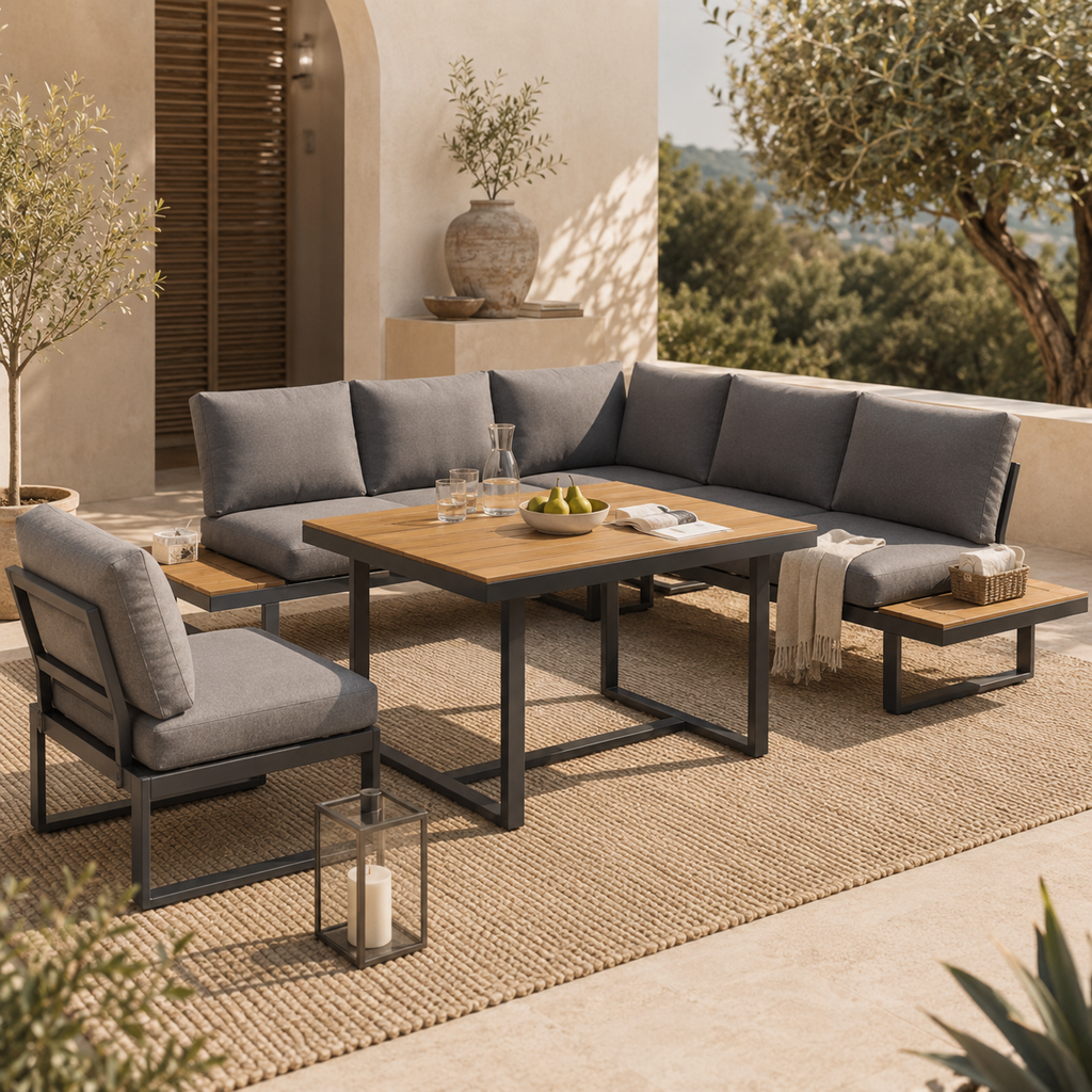 Lune – Salon de Jardin d'Angle Modulable 5 Places avec Table Effet Bois