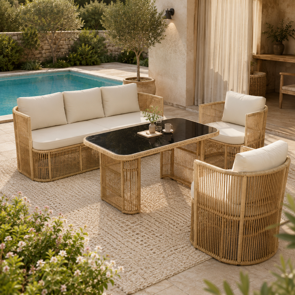 Auro – Salon de Jardin en Rotin PE 4 Pièces avec Canapé 3 Places & Plateau en Verre Trempé