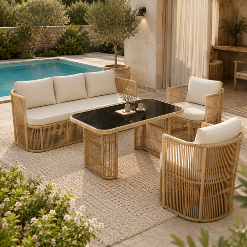 Auro – Salotto da Giardino in Rattan PE 4 Pezzi con Divano 3 Posti e Piano in Vetro Temperato