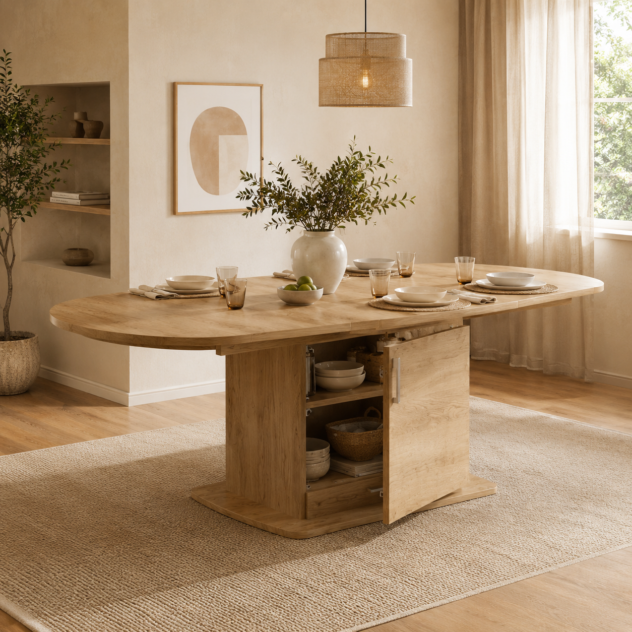 Solen – Uitschuifbare Ovale Eettafel 4–6 Personen met Opbergruimte – Licht Eiken 200×80×75 cm