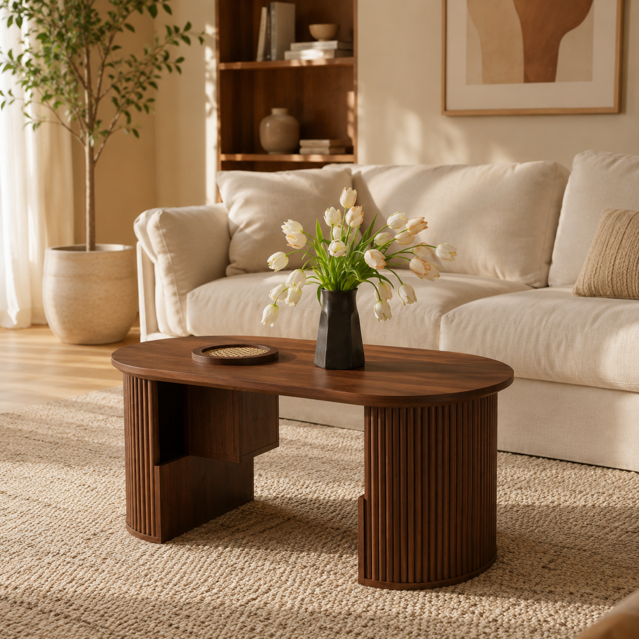 Arvo – Table Basse Organique en Noyer avec Rangement Intégré