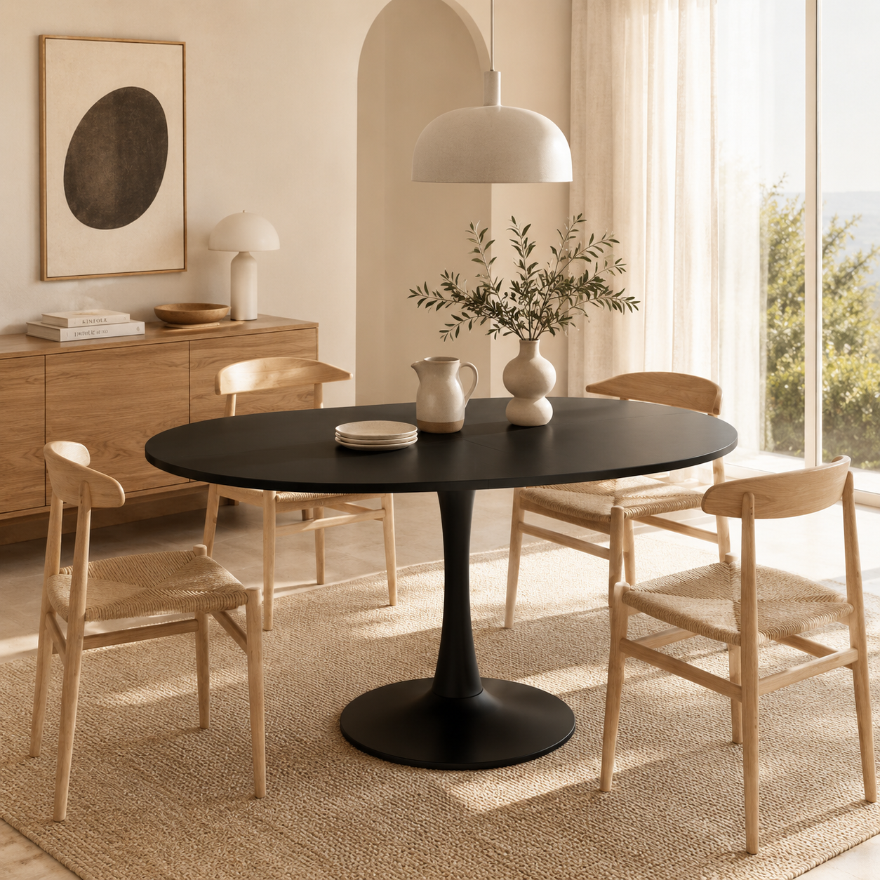 Sora – Tavolo da Pranzo Ovale Estensibile 4–6 Persone Nero 100/140*100*75cm