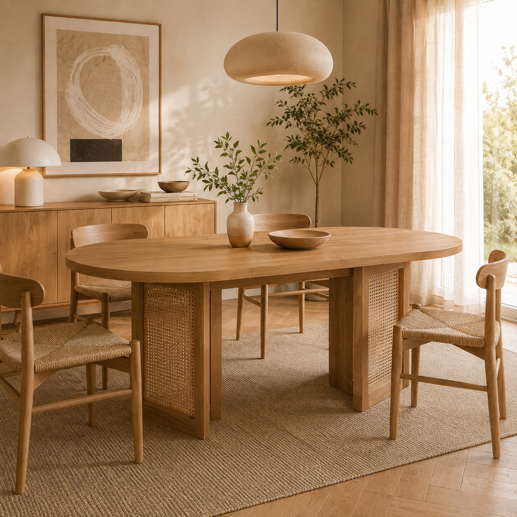 Sora – Extendable Oval Dining Table 6–8 People in Oak & Rattan 150/200*90*75cm