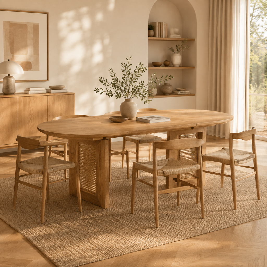 Sora – Extendable Oval Dining Table 6–8 People in Oak & Rattan 150/200*90*75cm