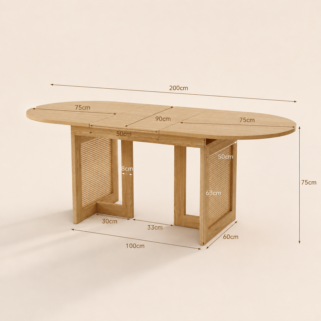 Sora – Extendable Oval Dining Table 6–8 People in Oak & Rattan 150/200*90*75cm