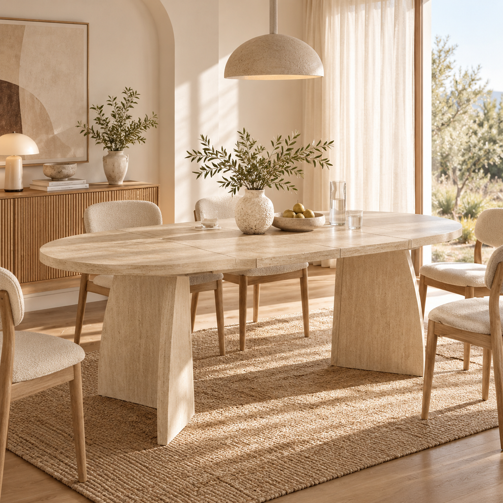 Solen – Extendable Oval Dining Table Travertine Effect – 4 to 8 People 100/140/180*100cm
